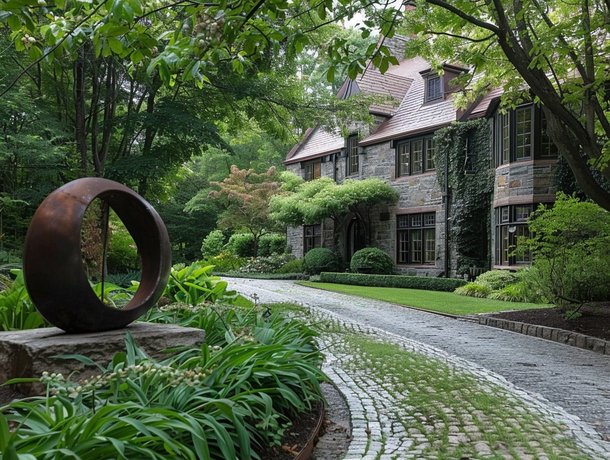 A driveway with a modern sculpture