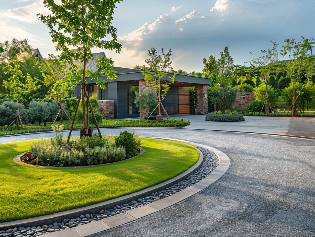 A small island amidst a driveway landscape