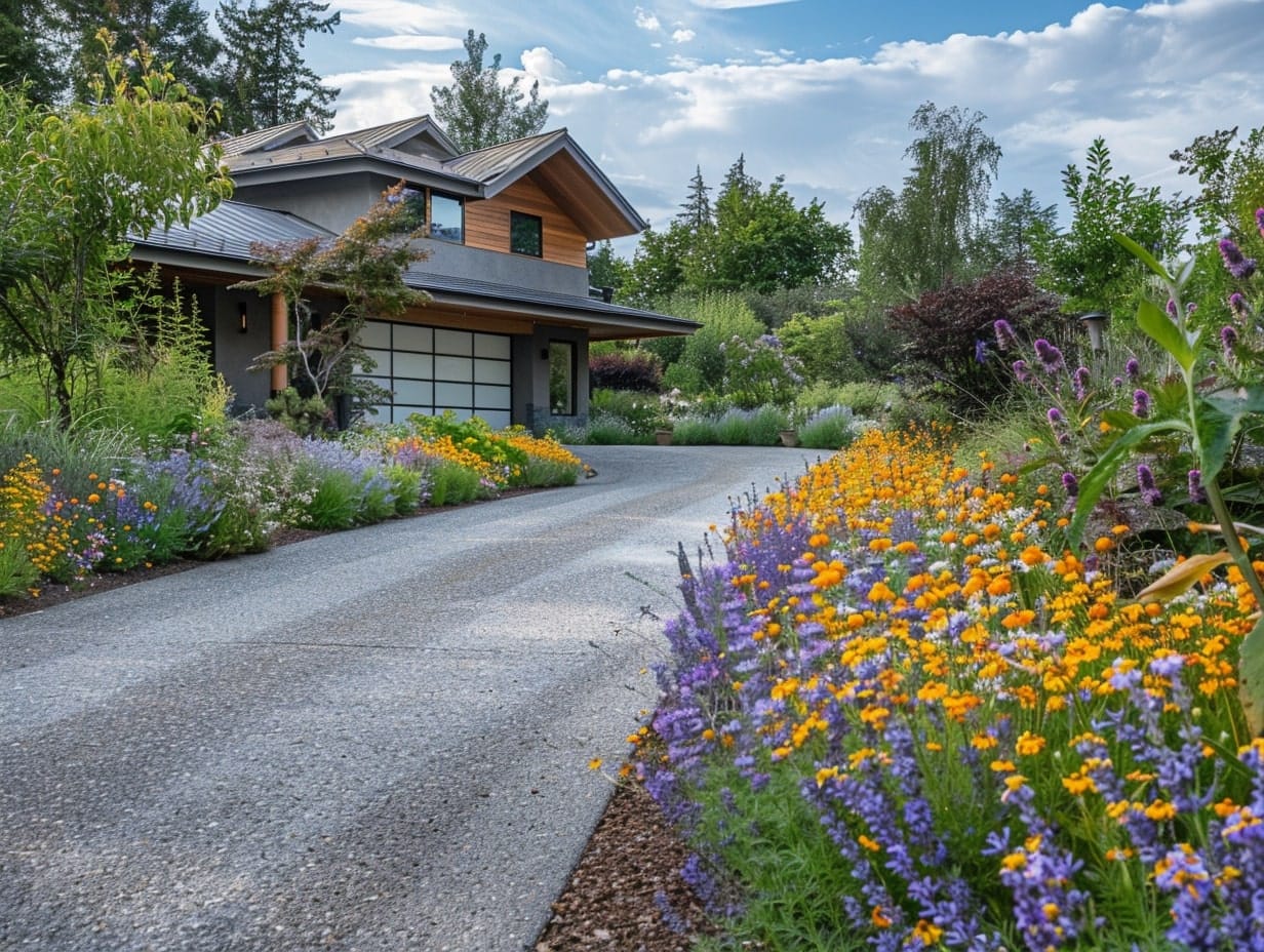 A driveway with vibrant flowers on both sides