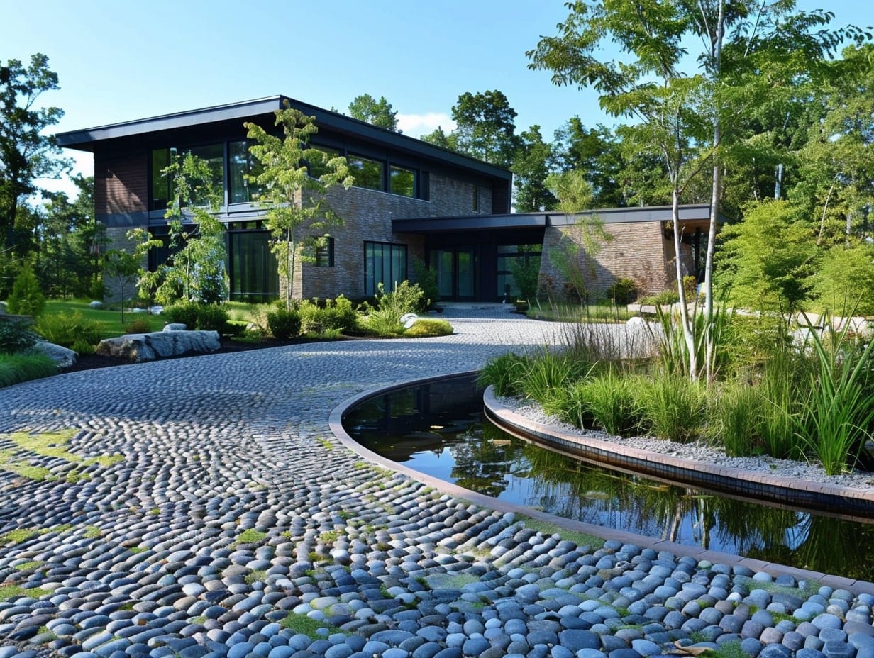 A driveway with a sleek water feature