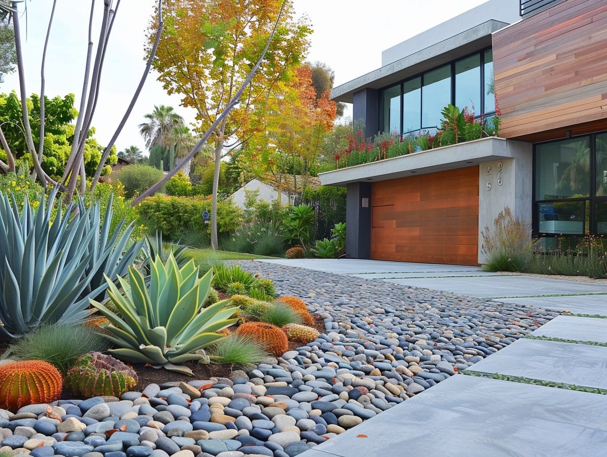 Drought-resistant plants decorating a driveway