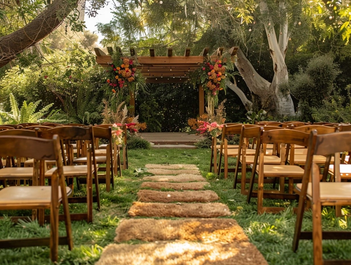 An eco-friendly garden wedding setup with wooden furniture, jute rugs and floral decor