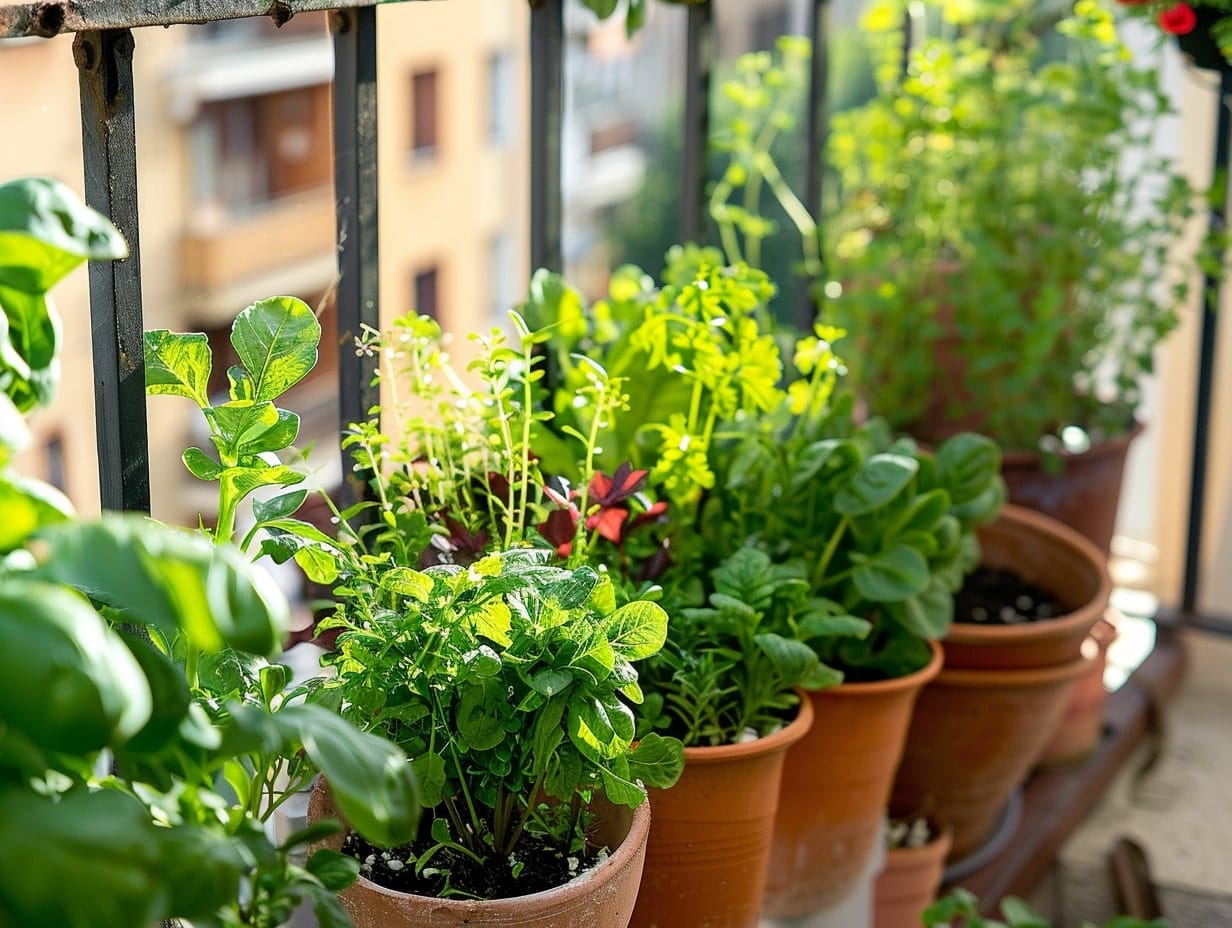 Spinach, kale and basil plants in a small balcony