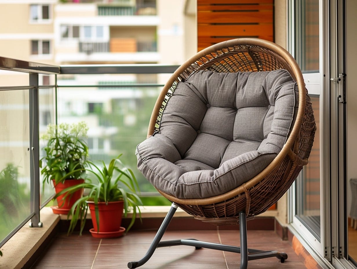 An egg chair with a comfortable cushion in a small balcony