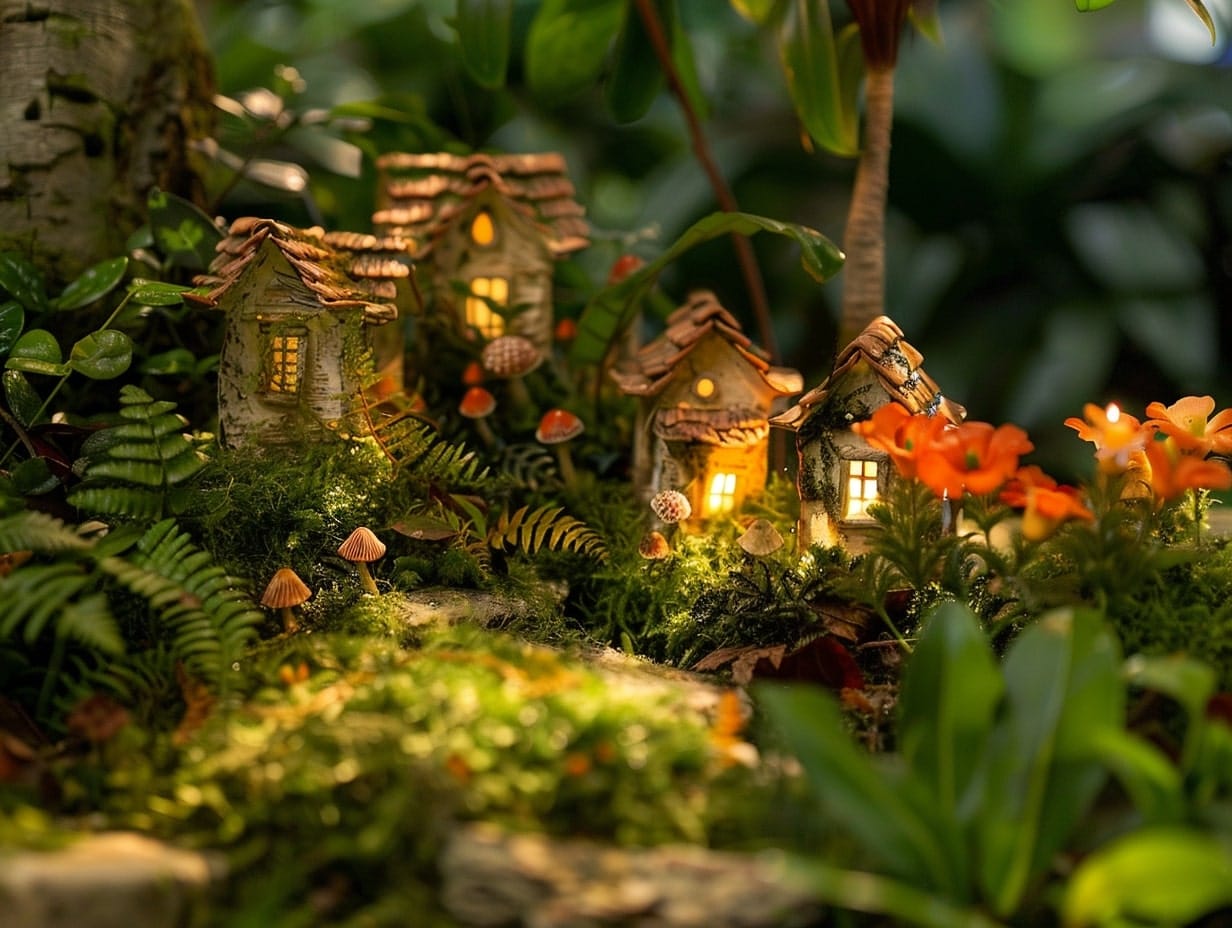 Fairy houses placed amid a dense forest