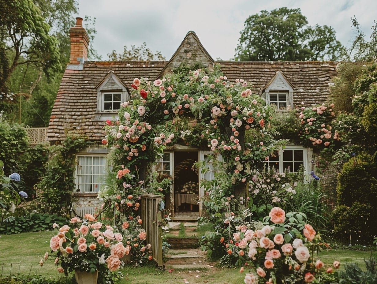 An English cottage garden wedding setup with beautiful flower arrangement and archway