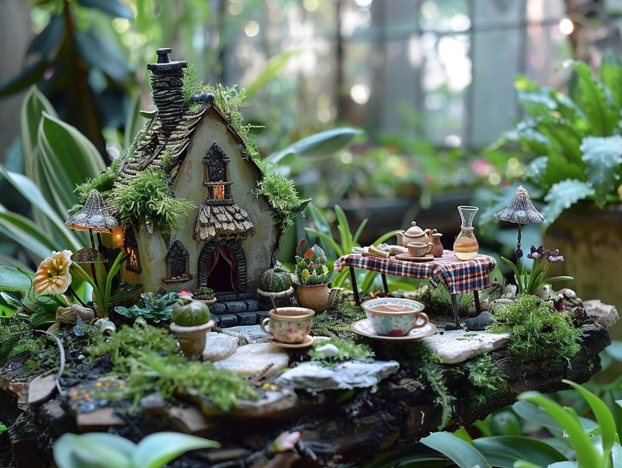 A tiny tea setup outside a fairy house