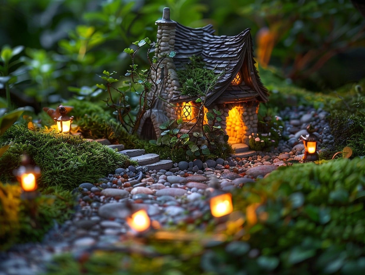 A small fairy house with lanterns illuminating the garden pathways