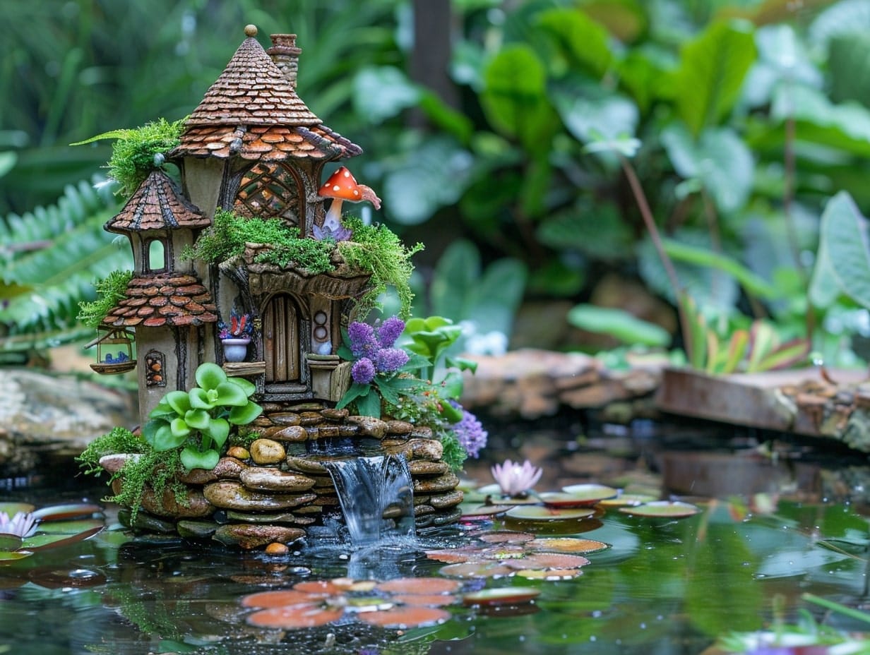 A fairy house surrounded by a tiny water feature 