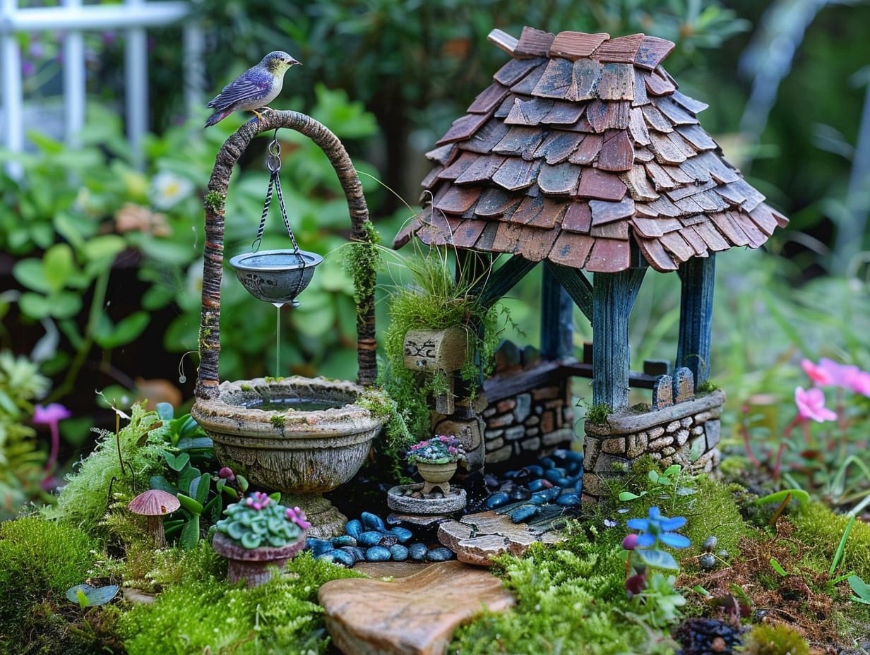 A miniature bird bath in a fairy garden