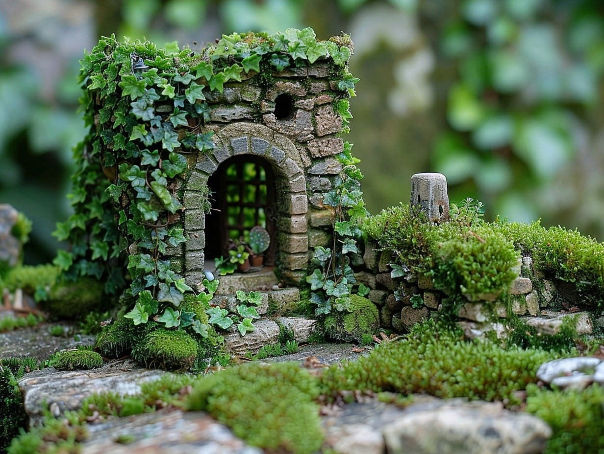 A fairy house with climbing vines in a garden