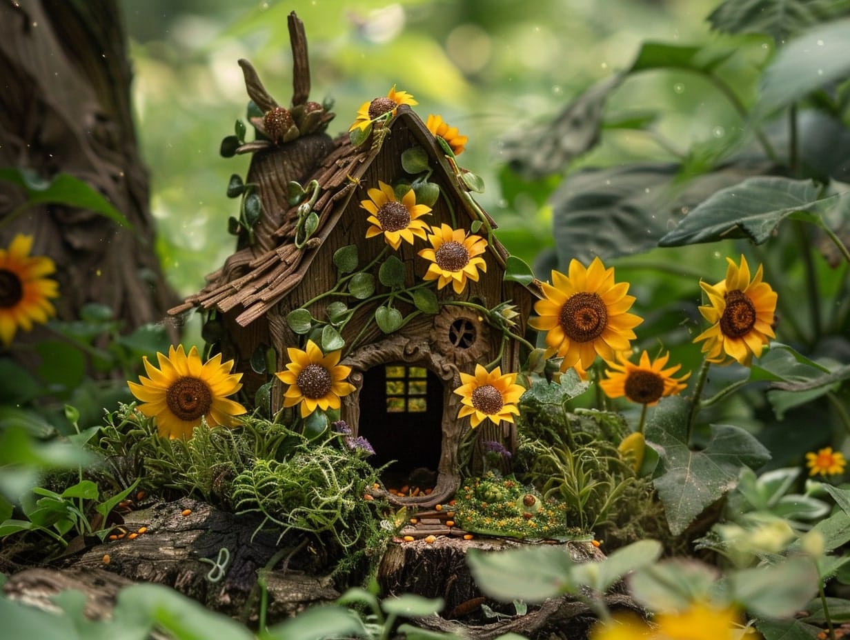 A fairy home surrounded by sunflowers