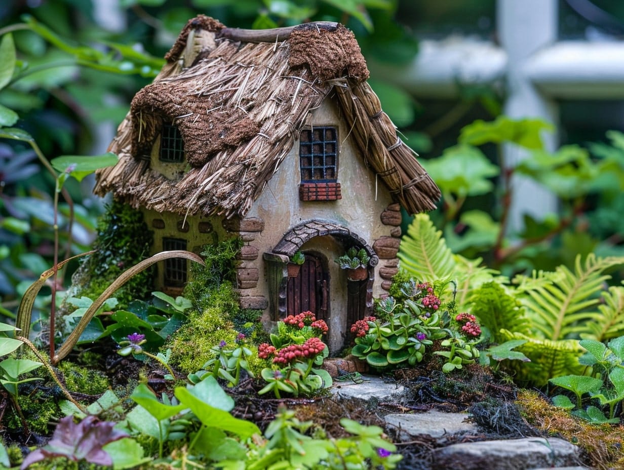 A tiny fairy house with a thatched roof