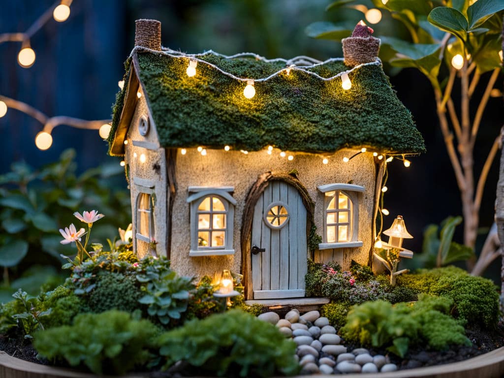 A fairy home decorated with miniature string lights