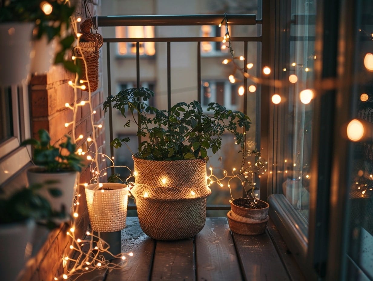 Fairy lights wrapped around balcony plants
