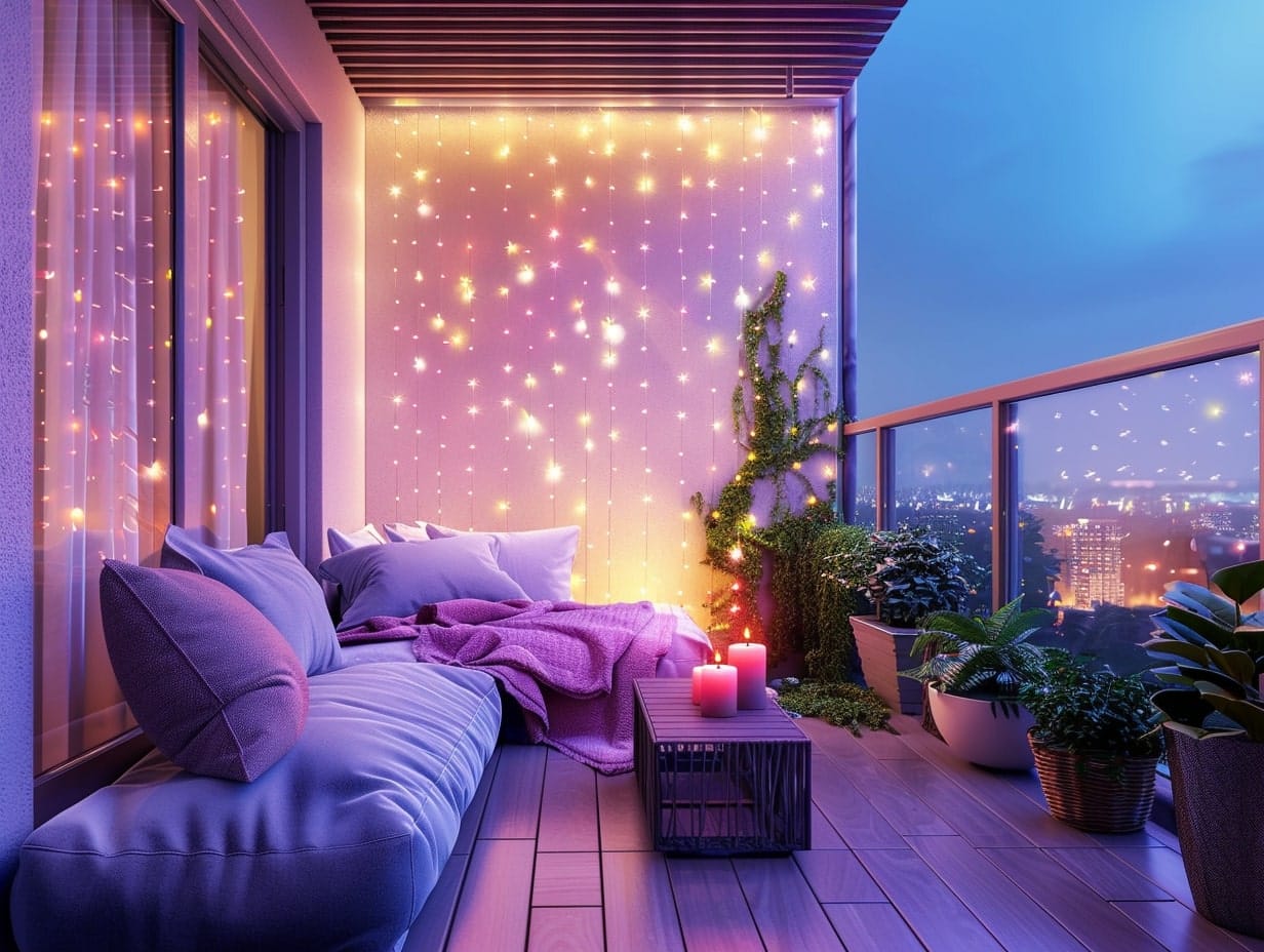 Beautiful fairy lights decorating a small balcony after dusk