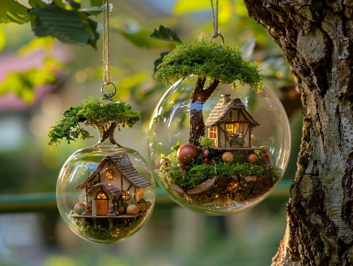 Fairy houses in glass orbs hanging from a garden tree