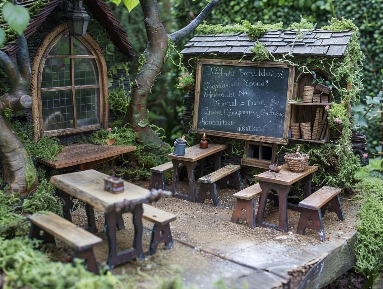 A miniature fairy school with tiny desks and a blackboard