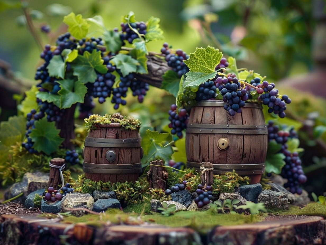 A fairy vineyard with miniature barrels and grapevines