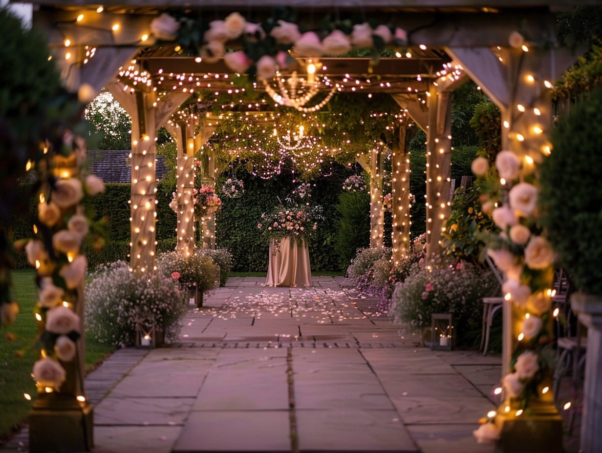 A fairytale wedding setup decorated with floral arrangements and fairy lights