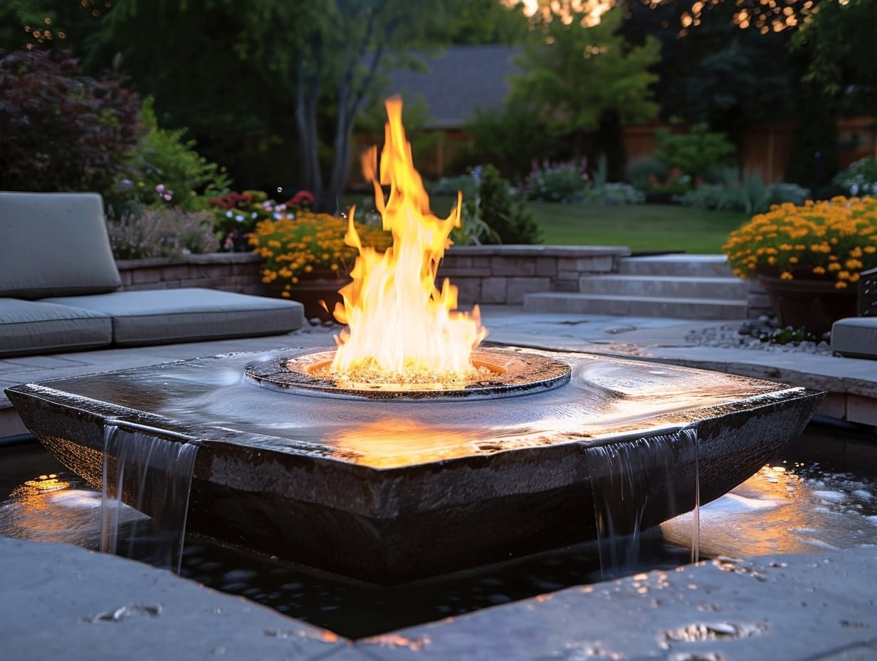 A fire fountain comprising a fire pit in the center and water falling from all sides