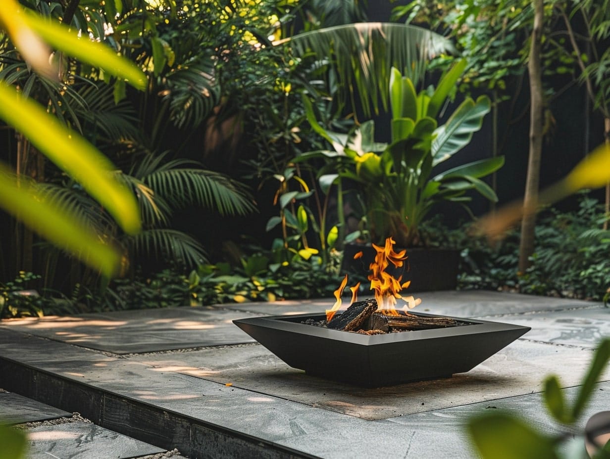 A garden fire pit surrounded by tropical plants
