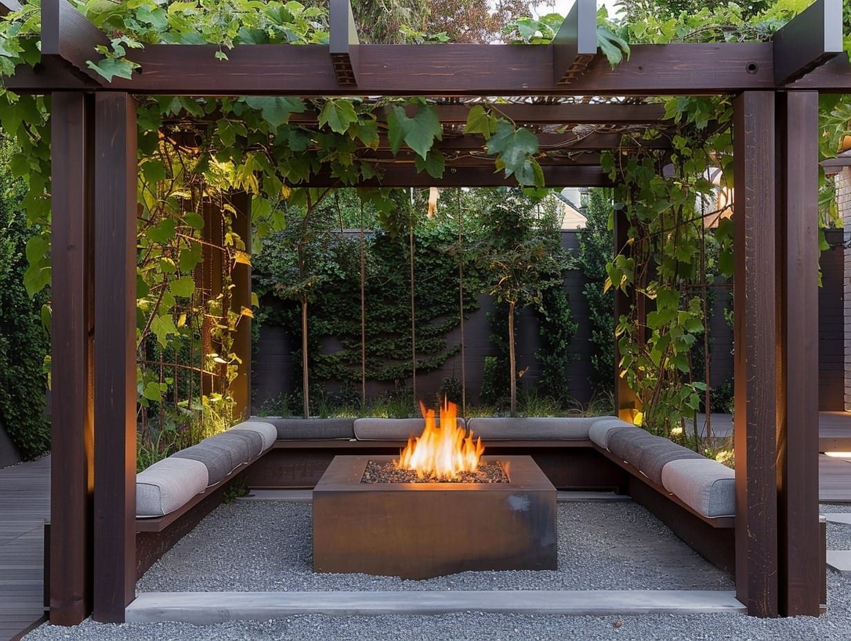 A fire pit area covered by a pergola with vines