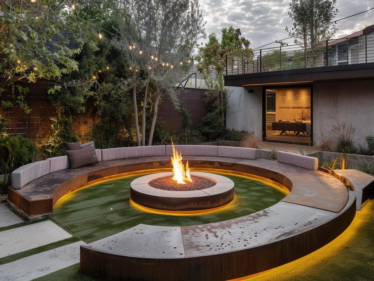 A garden fire pit with a large circular seating area