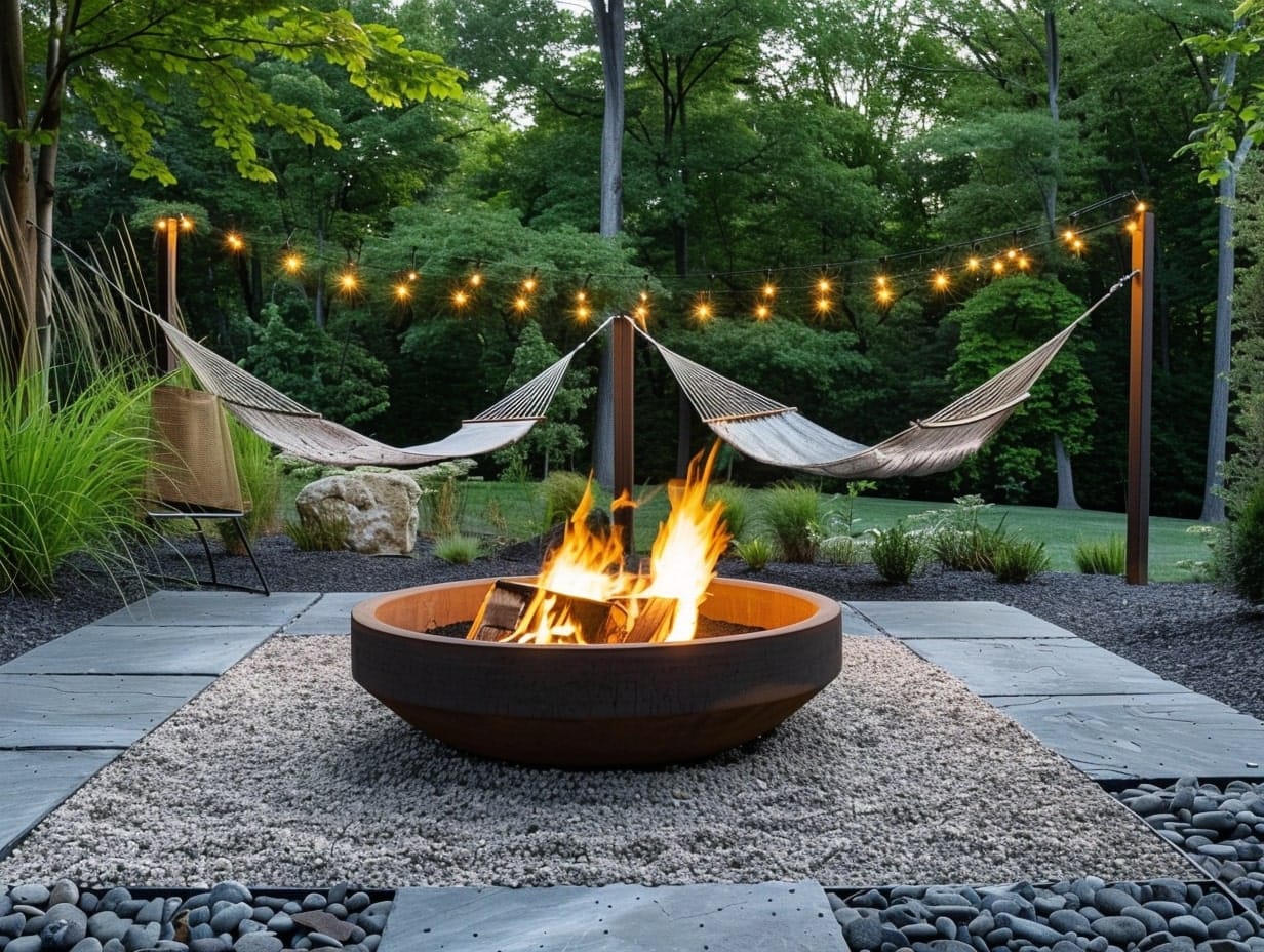 A pair of hammocks hanging near a fire pit
