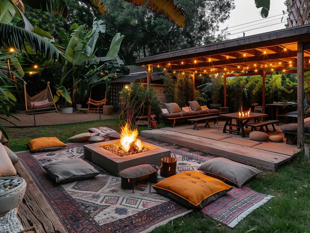A fire pit area in the garden converted into a picnic spot with cushions and carpets