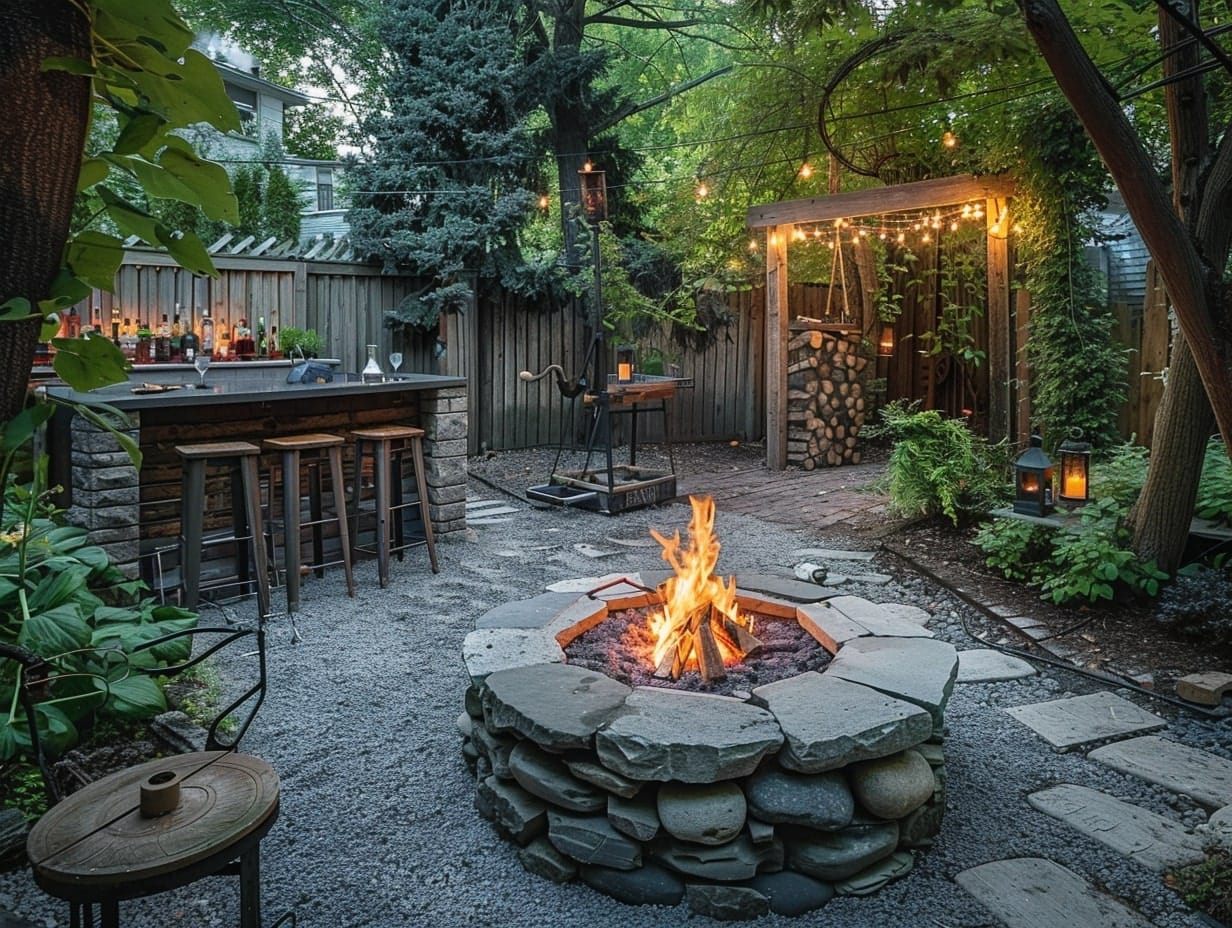 A fire pit in the backyard with a refreshment area near it