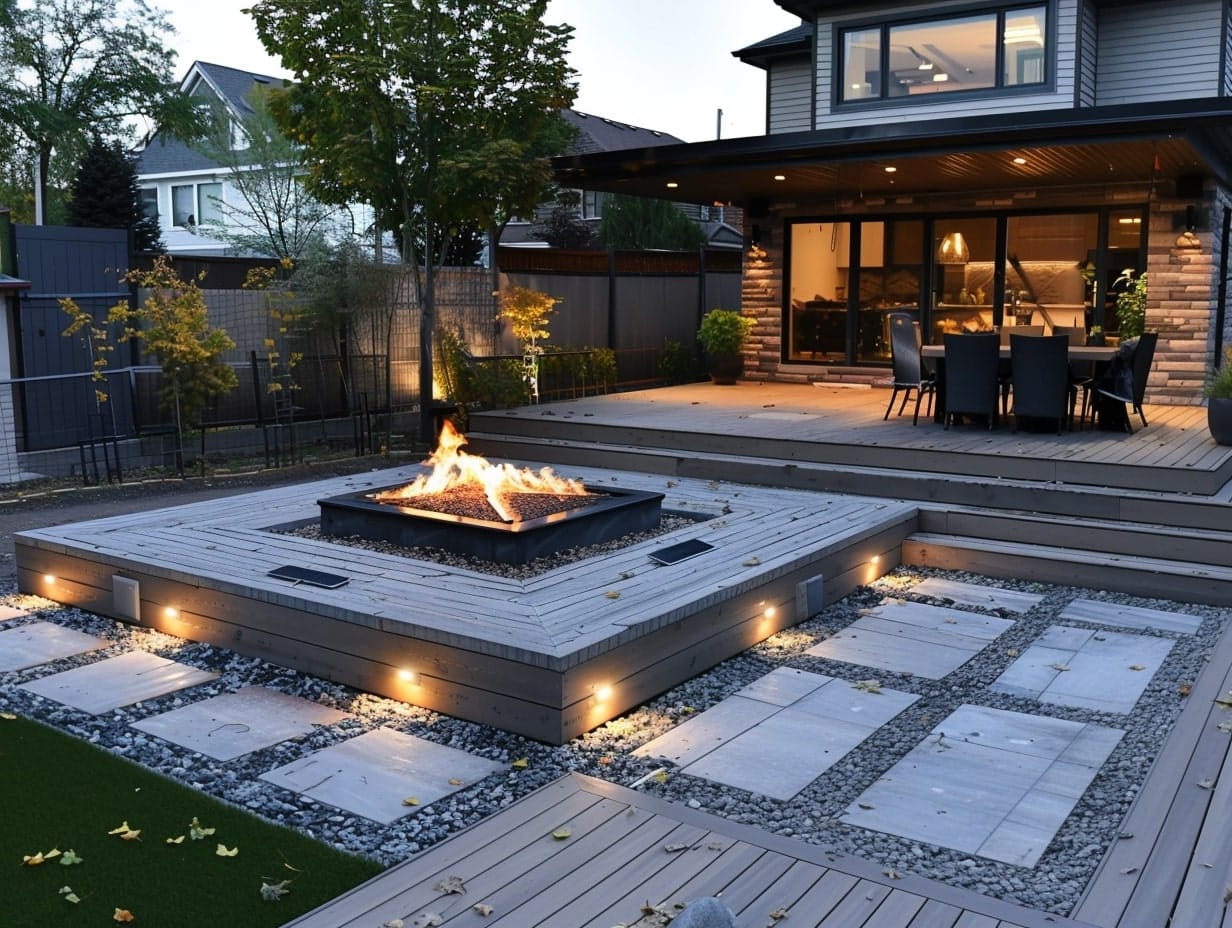 A fire pit in the backyard with embedded solar lights