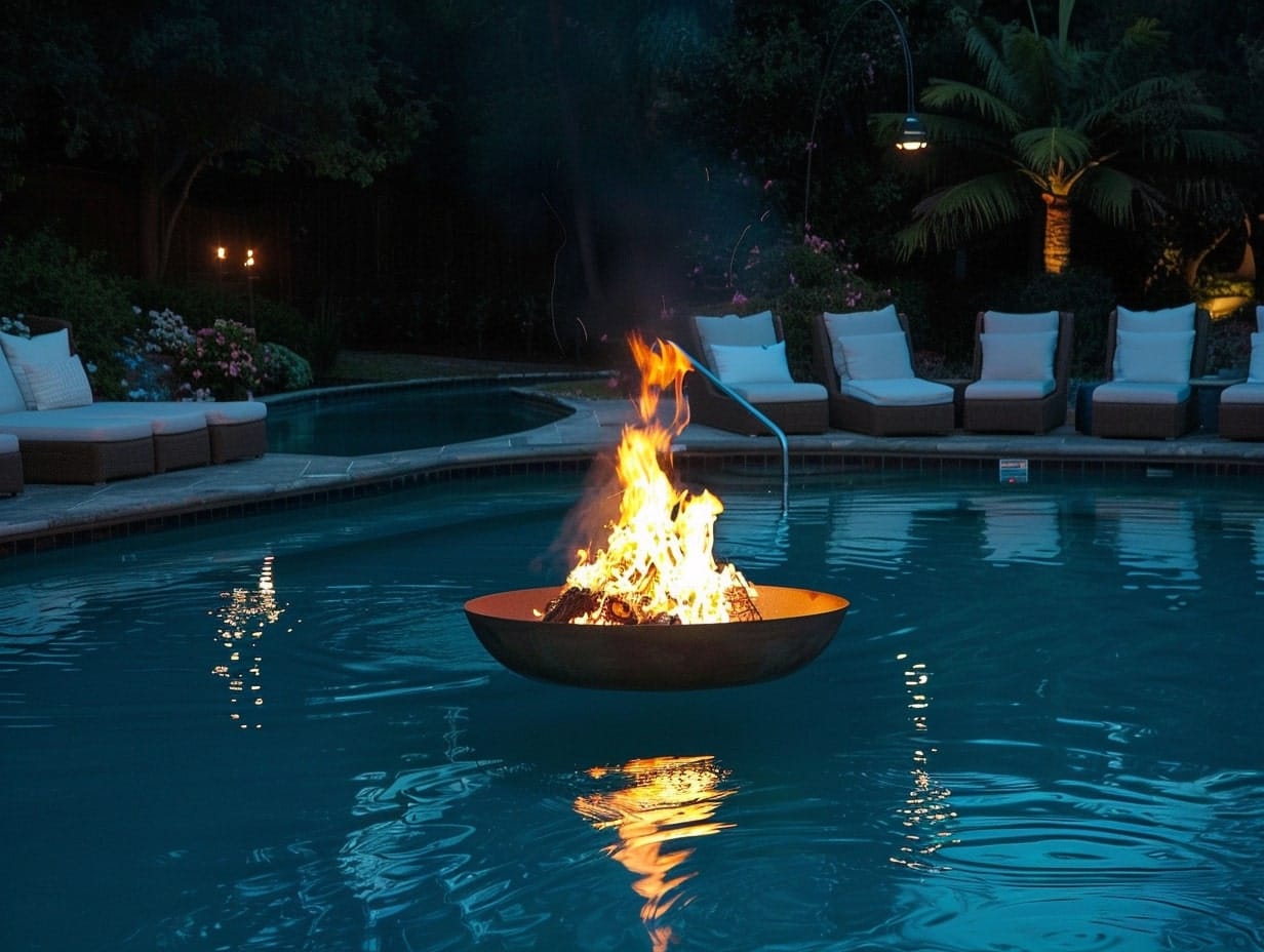 A floating fire pit in a swimming pool