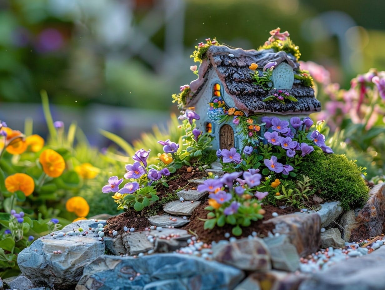 A tiny fairy house covered with colorful flowers