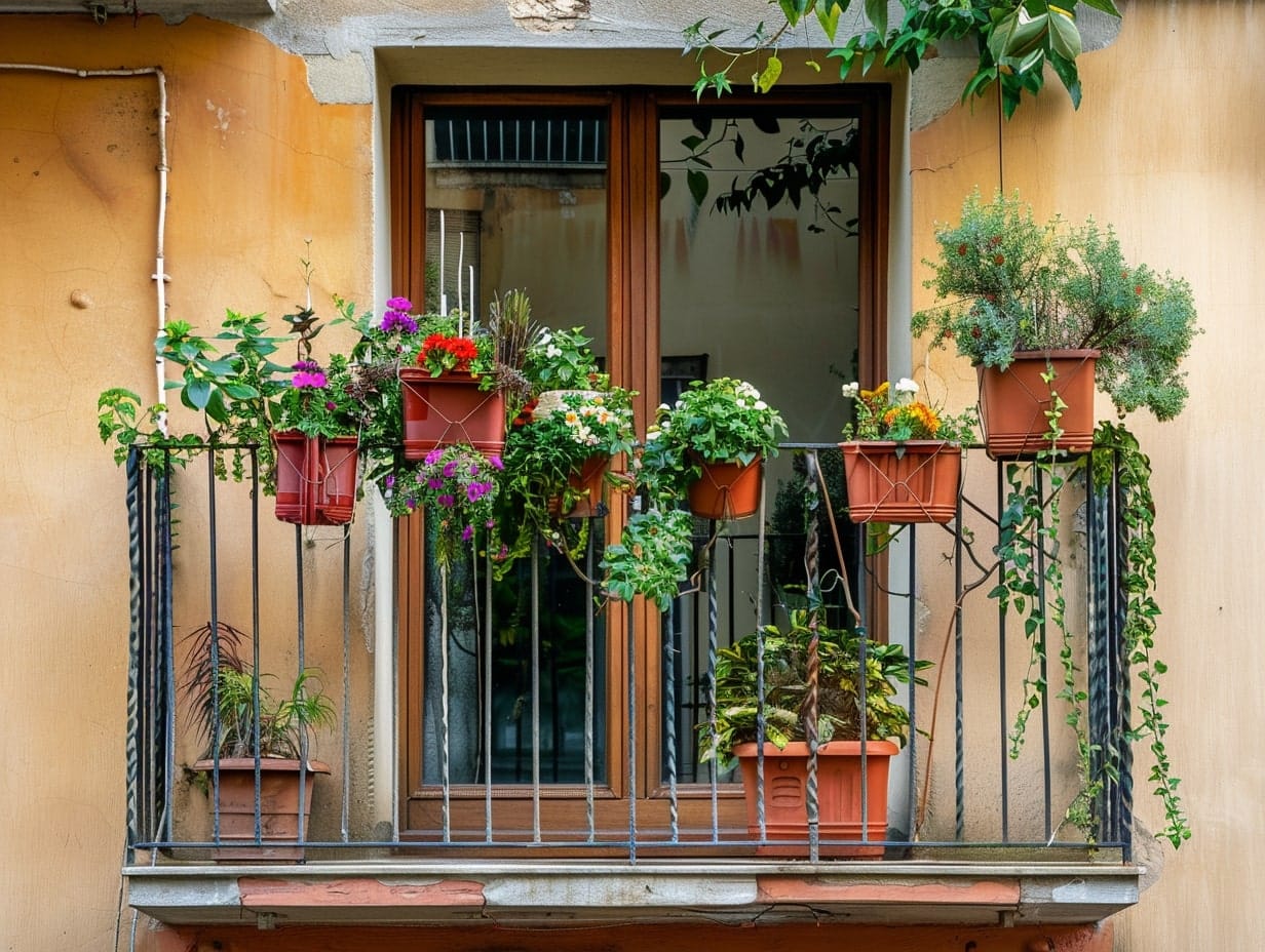 Flower and plants pots hooked to a small balcony's railing