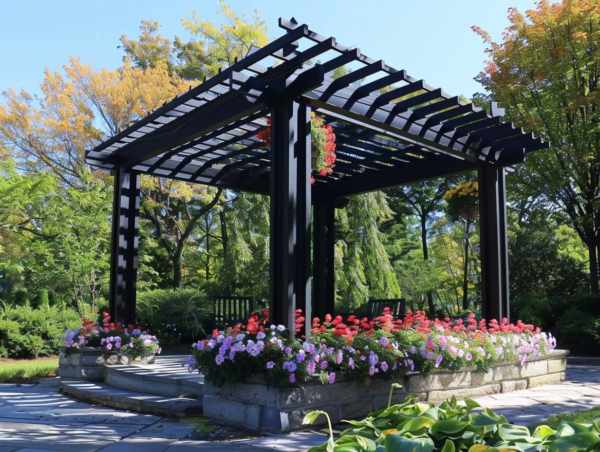Flowers planted at the base of a wooden pergola