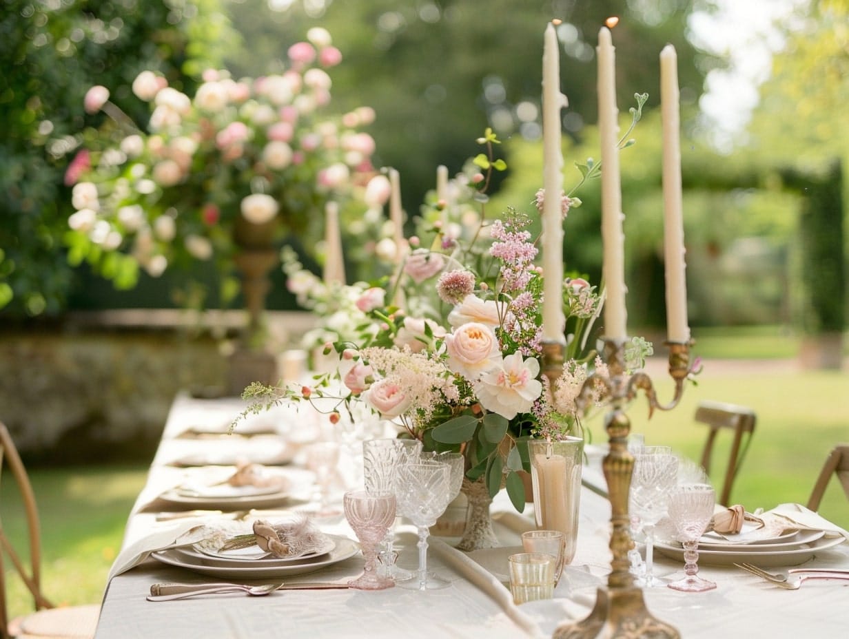 A French country garden wedding setting elegant flower arrangements and candles