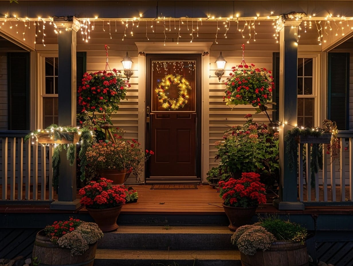 String lights and floral arrangement decorating a front porch area at night