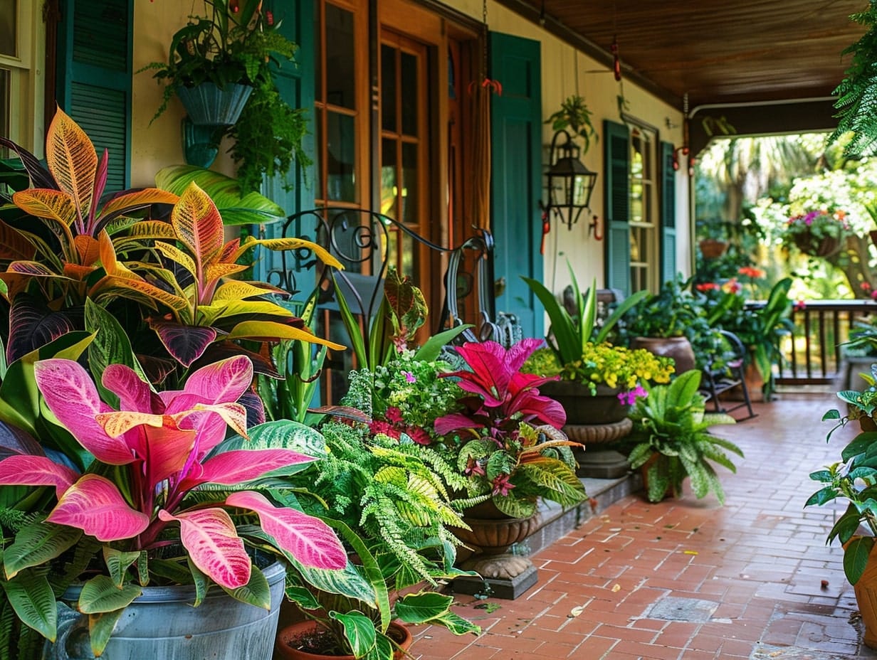 Exotic plants decorating a front porch area