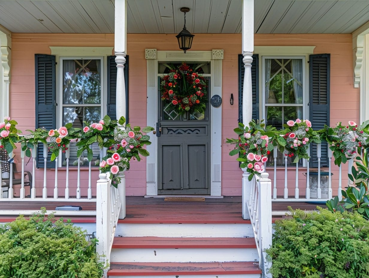 A front porch area decorated with a floral wreath