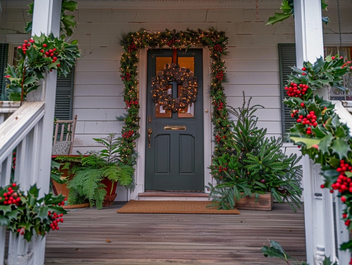 Green plants and berries decorating a front porch and front entrance during winters