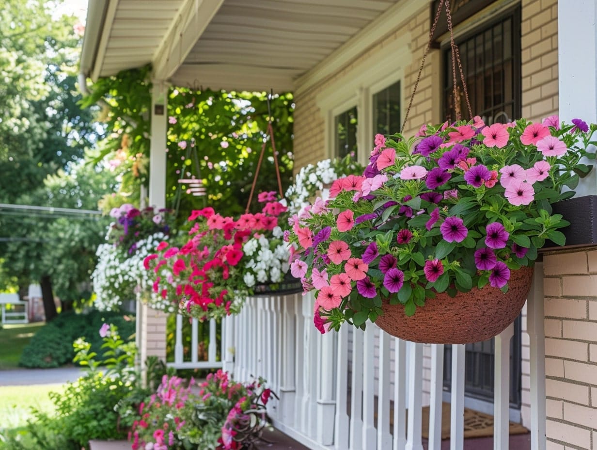Beautiful flower arrangements in baskets hanging from front porch roof