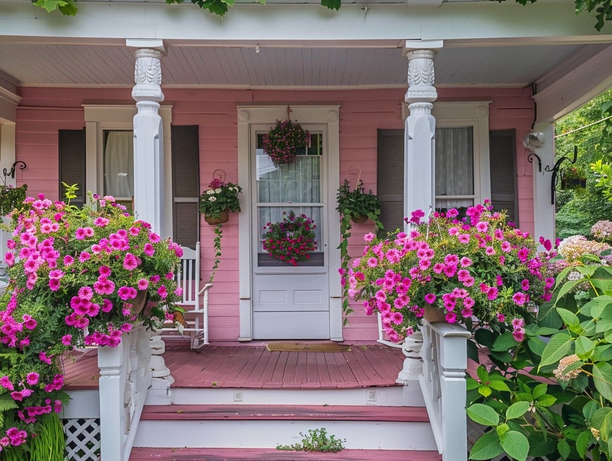 Monochromatic floral decor in a front porch area