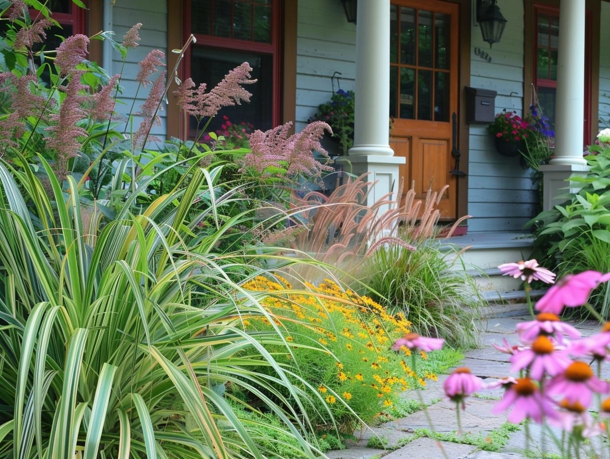 Ornamental grasses and flowers decorating a front porch area
