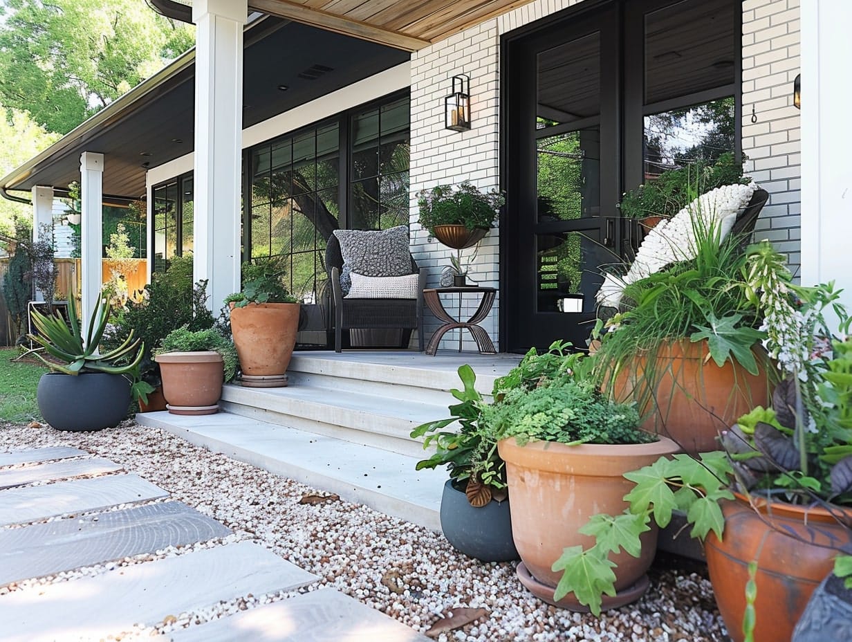 Potted plants placed in front of a house entrance