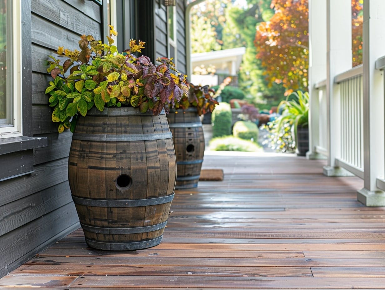 Repurposed barrels with plants decorating a front porch