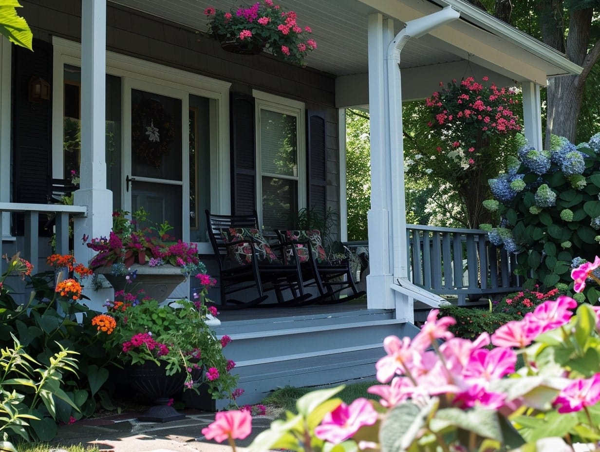 Shade-friendly flowers decorating a front porch area