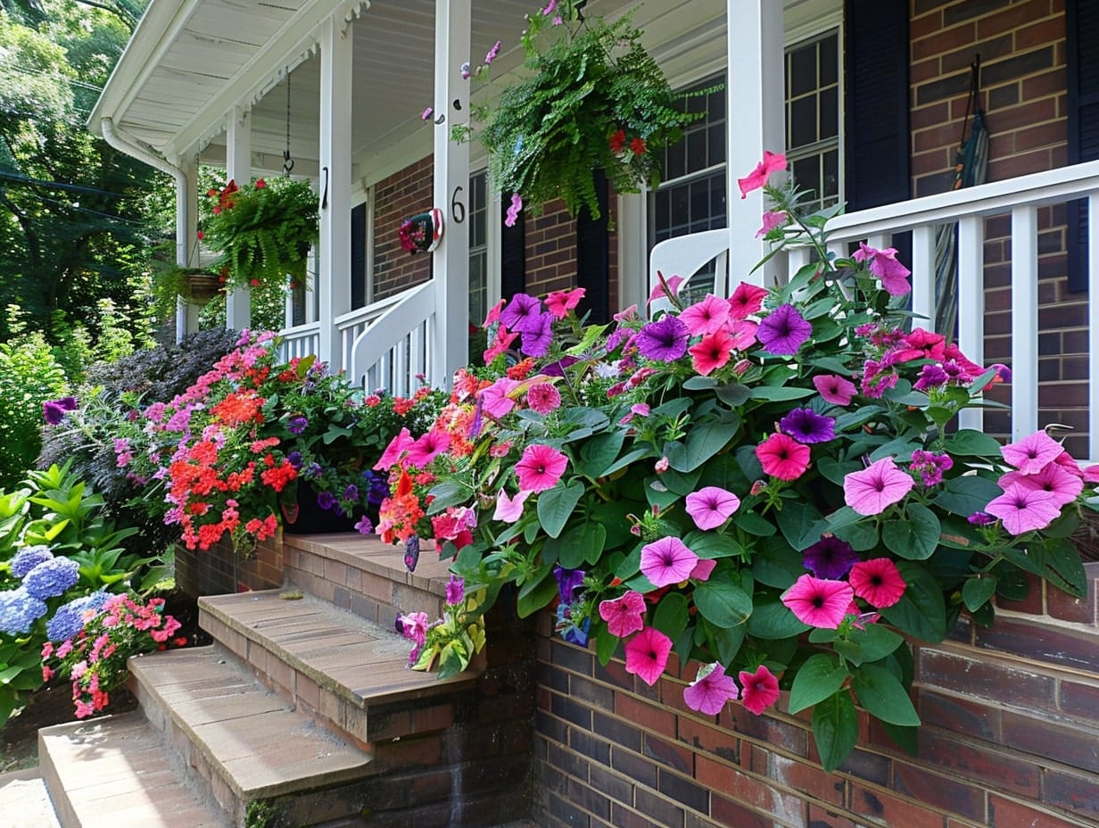 Vibrant summer flowers decorate front porch walls