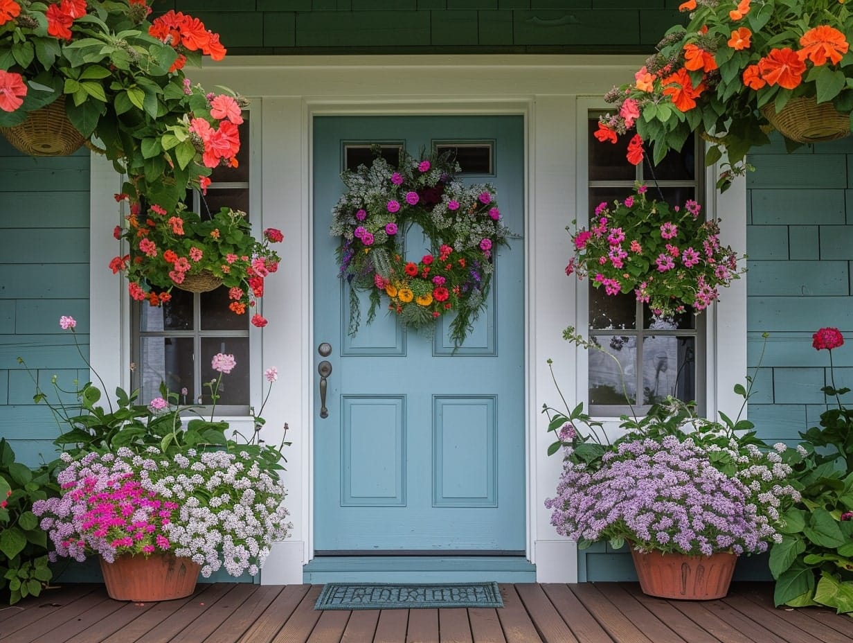Symmetrical floral arrangements on and around the front door