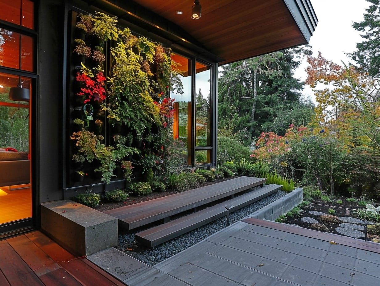 A vertical garden grown on a front porch wall